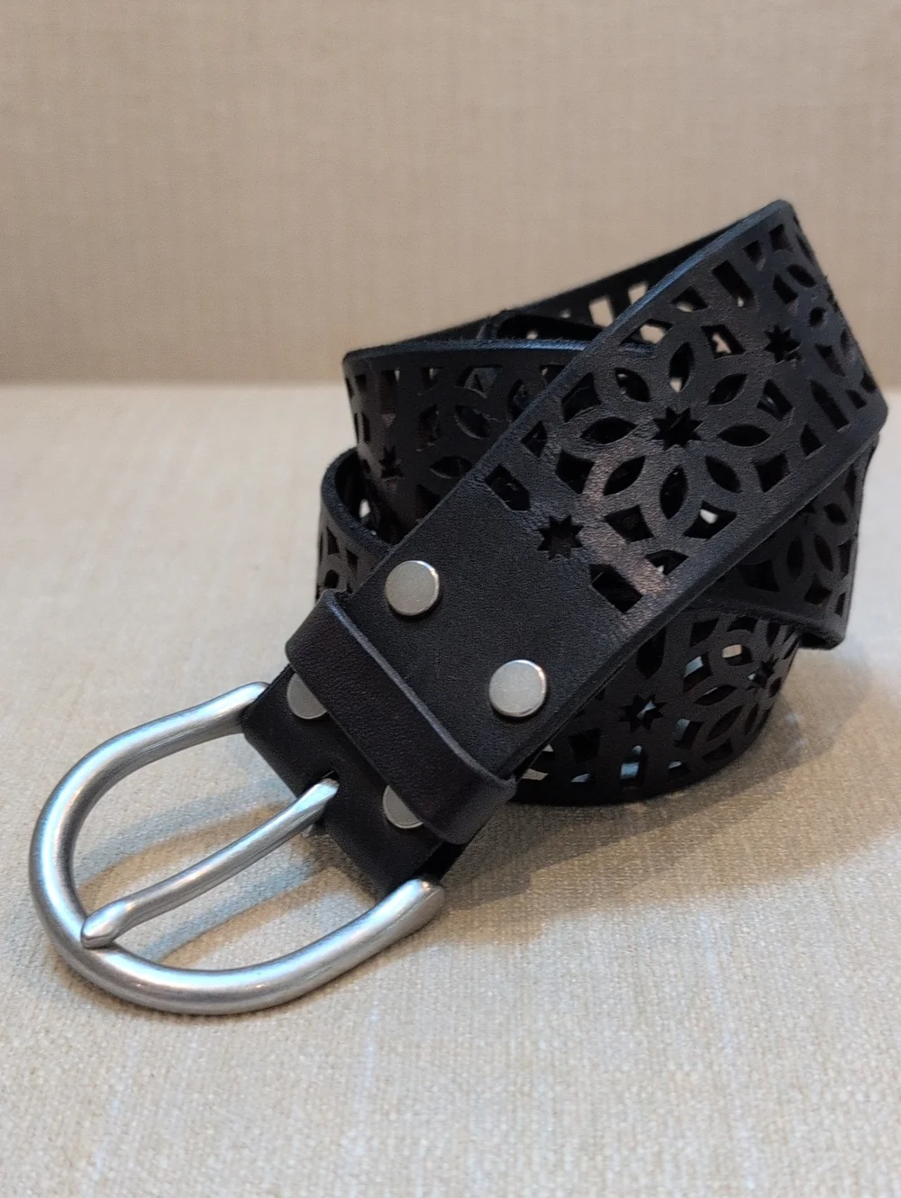 Black Laser-Cut Floral Leather Belt Silver Buckle Adjustable